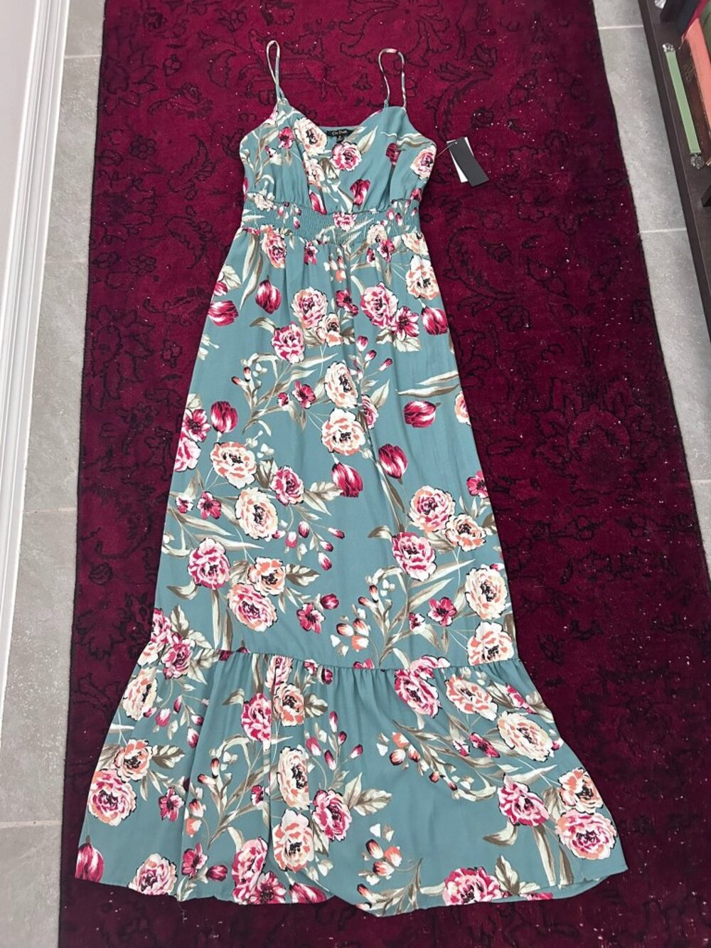 NWT City Studio Teal Floral Print Maxi Dress Medium Spaghetti Straps